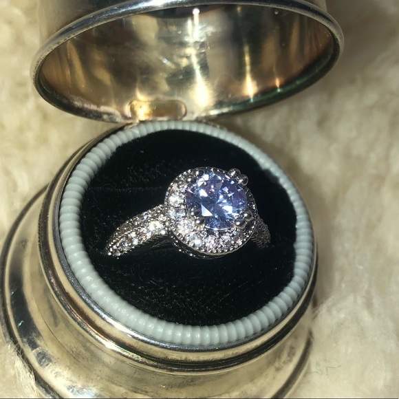 SILVER Tone Simulated Amethyst Halo Ring w Filigree Setting Sturdy Costume s7 - Picture 2 of 6